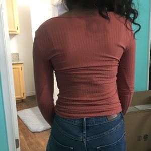 Tops - Pink Ribbed Long Sleeve with criss cross strings Tops - Pink Ribbed Long Sleeve with criss cross strings